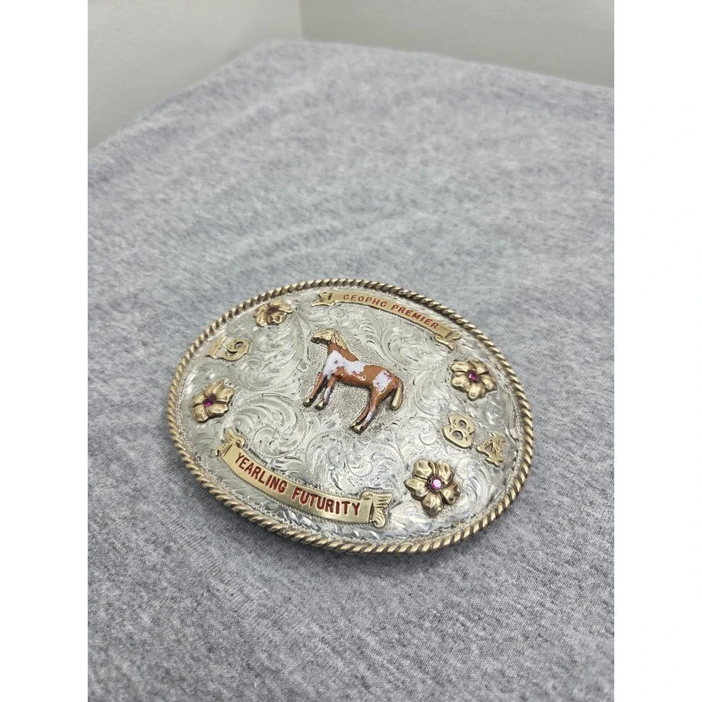 Vintage 1984 Carlos Silver Yearling Futurity Equestrian Horse Belt Buckle Large